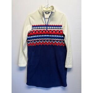 Lands' End Fair Isle Fleece Dress Quarter Zip Blue Cream Women Small